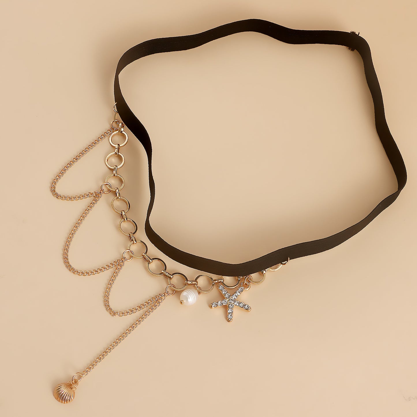 Geometric Starfish and Seashell Pendant Freshwater Pearl Elastic Leg Chain for Women