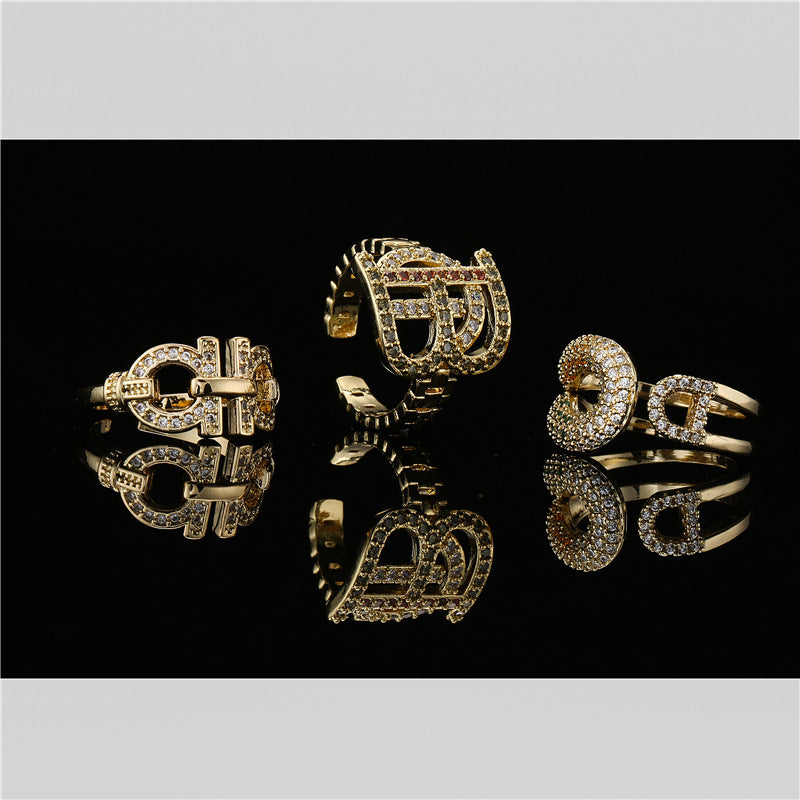 Hip-hop Punk Streetwear 18K Gold Plated Brass Micro-inlaid Geometric Open Ring