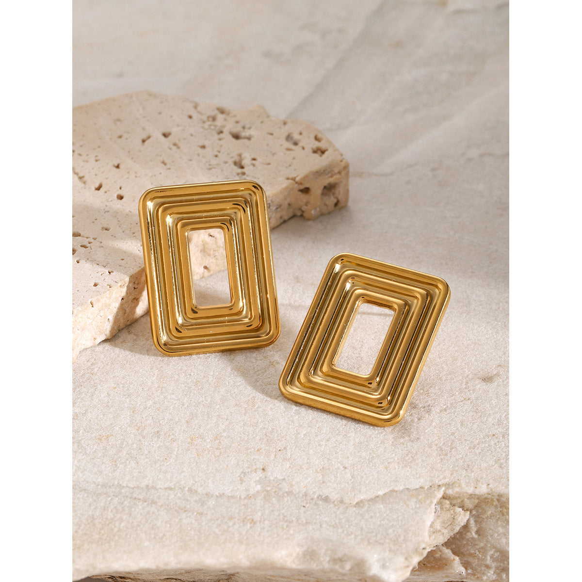 Minimalist Geometric 18K Gold Plated Stainless Steel Hollow Spiral Rectangle Earrings