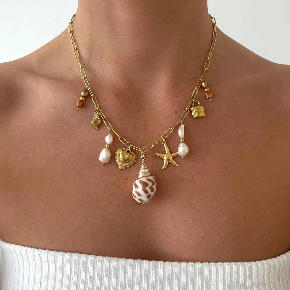 Sweet and Fresh Heart-Shaped Stainless Steel Pendant Necklace with Mother-of-Pearl Inlay, Seashell and Starfish Motifs, Adjustable Length