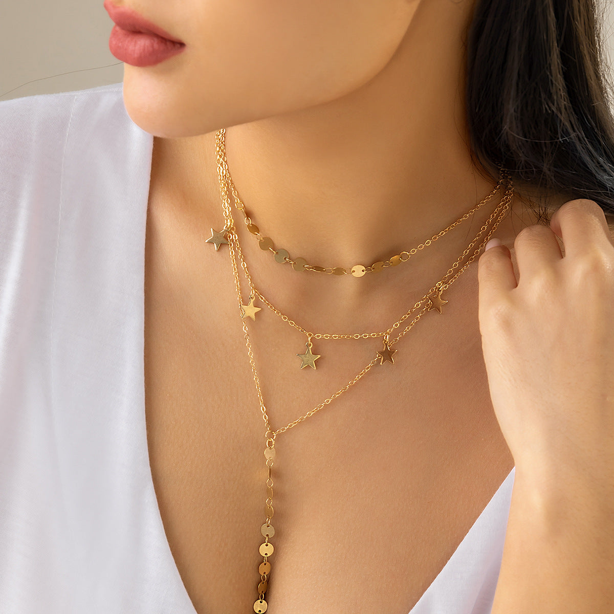 Hip-hop Geometric Star Tassel Brass Plated Alloy Pendant Multi-layer Curb Chain Necklace for Women