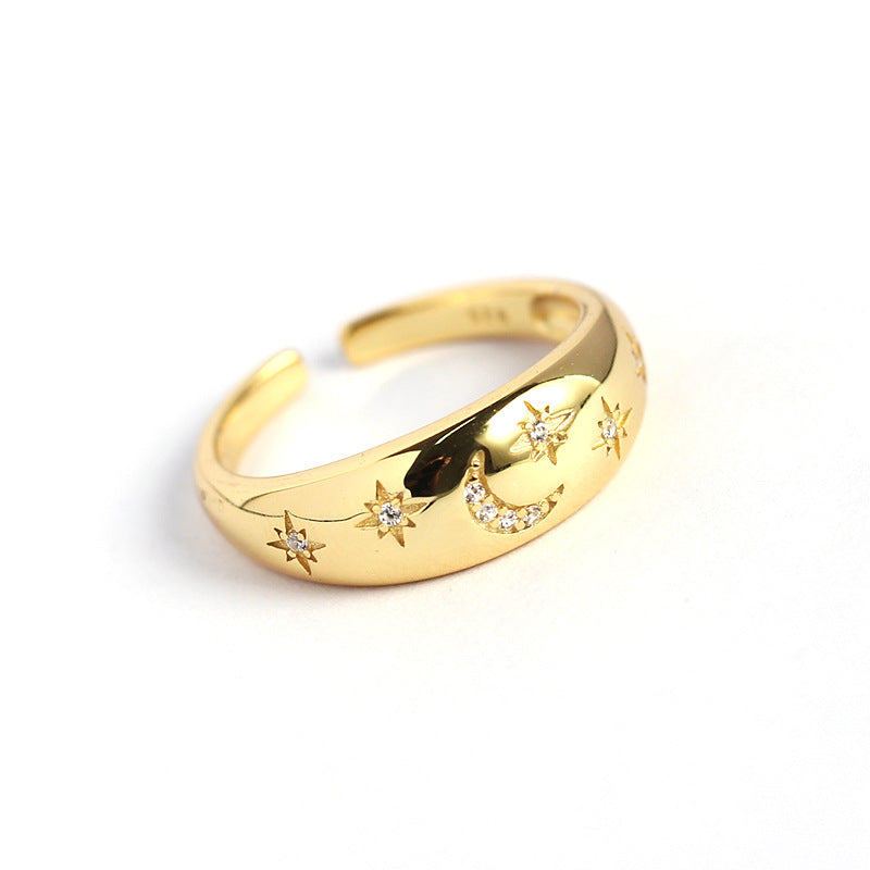 Vintage Minimalist 925 Sterling Silver Geometric Star Moon Rhinestone Inlay Open Ring for Women