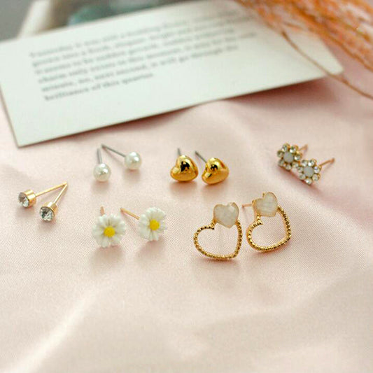 Sweet Gold Plated Geometric Heart Floral Alloy Resin Pearl Stud Earrings Set with Rhinestone