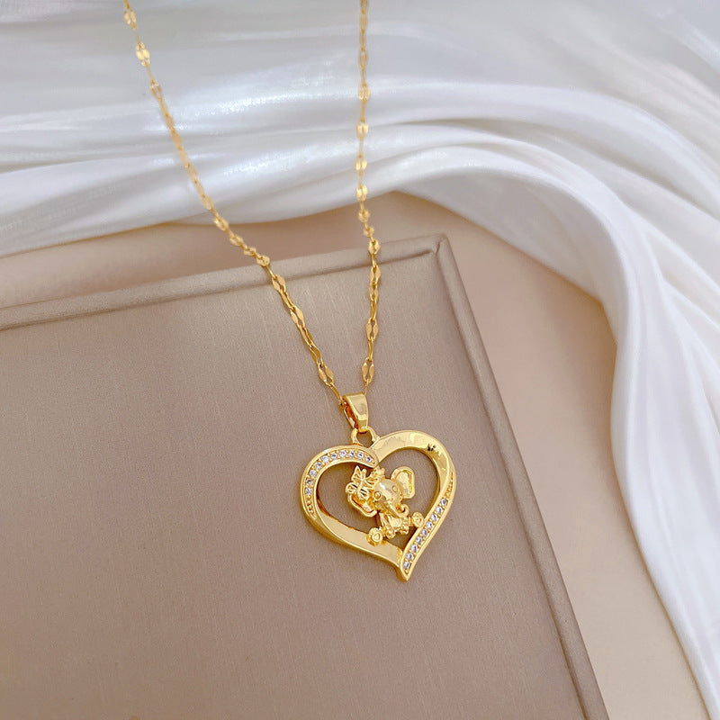 Collar minimalista con colgante de elefante y corazón para mujer y hombre, de acero inoxidable, delicada cadena para clavícula con detalles de diamantes de imitación