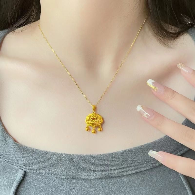 Original Design Irregular Shape Brass-Plated Titanium Steel Pendant Necklace with Feng Character Bell and Peace Lock for Men