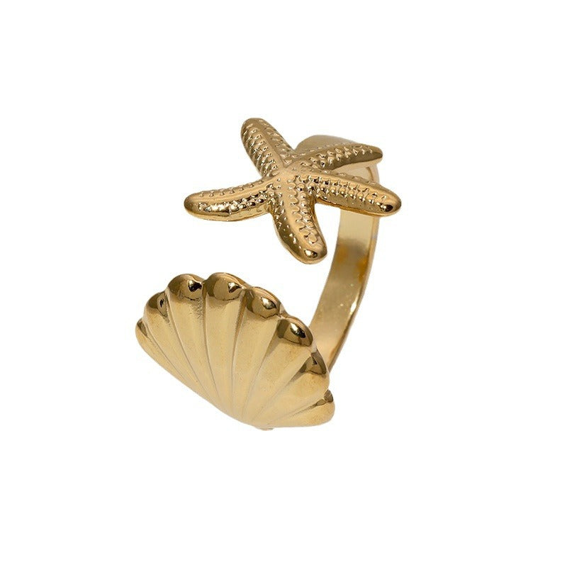 Anello Aperto Regolabile in Acciaio Inossidabile con Stella Marina Minimalista e Conchiglia per Donna Stile Vacanza al Mare