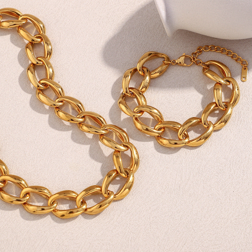 Minimalist Geometric Stainless Steel Plated 18K Gold Necklace and Bracelet Set for Women