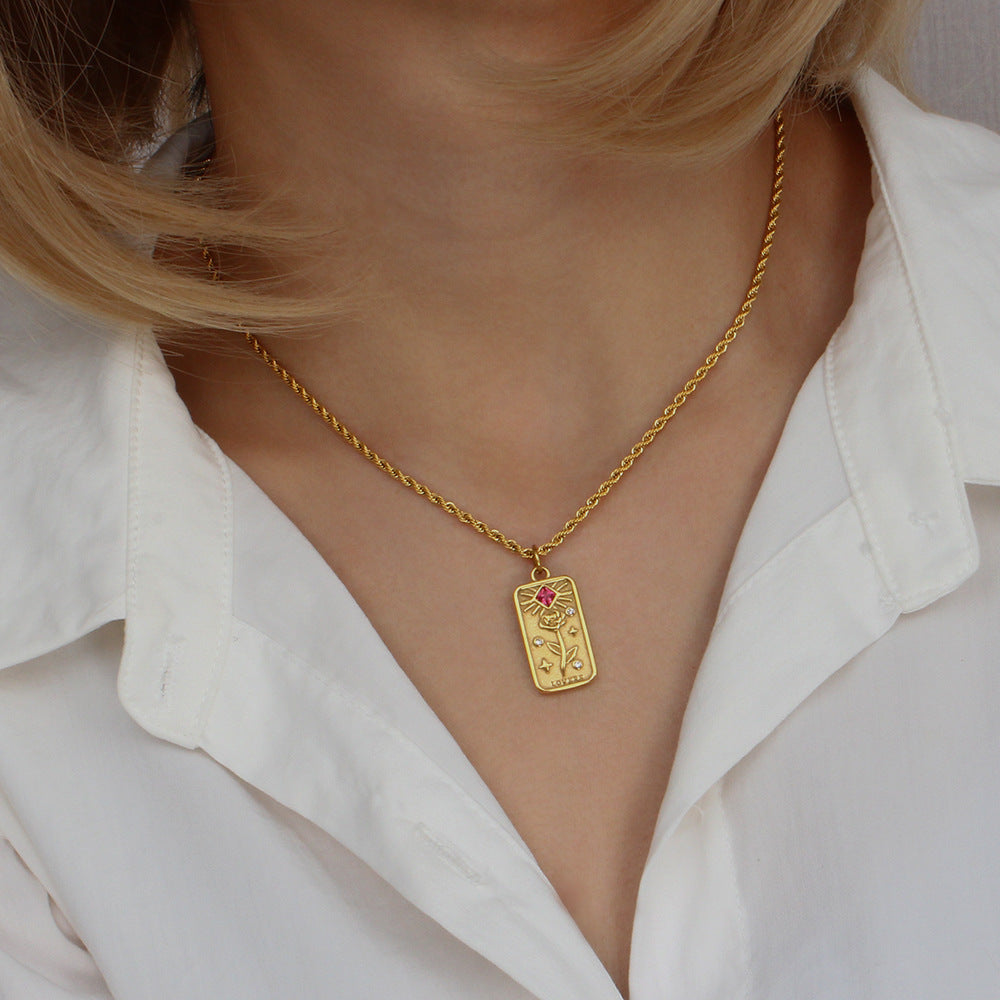 Collar con colgante de tarot de octagrama geométrico con incrustaciones de diamantes de imitación y cadena de acero inoxidable pulido para mujer
