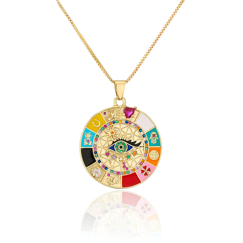 Collana pendente geometrica irregolare stile bohémien da donna con occhi in smalto e zirconi su catena a maglie in rame