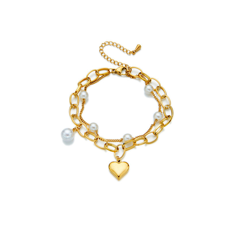 Minimalist Retro French-Style Stainless Steel Heart Pendant Multi-Layer Chain Bracelet with Plated Finish
