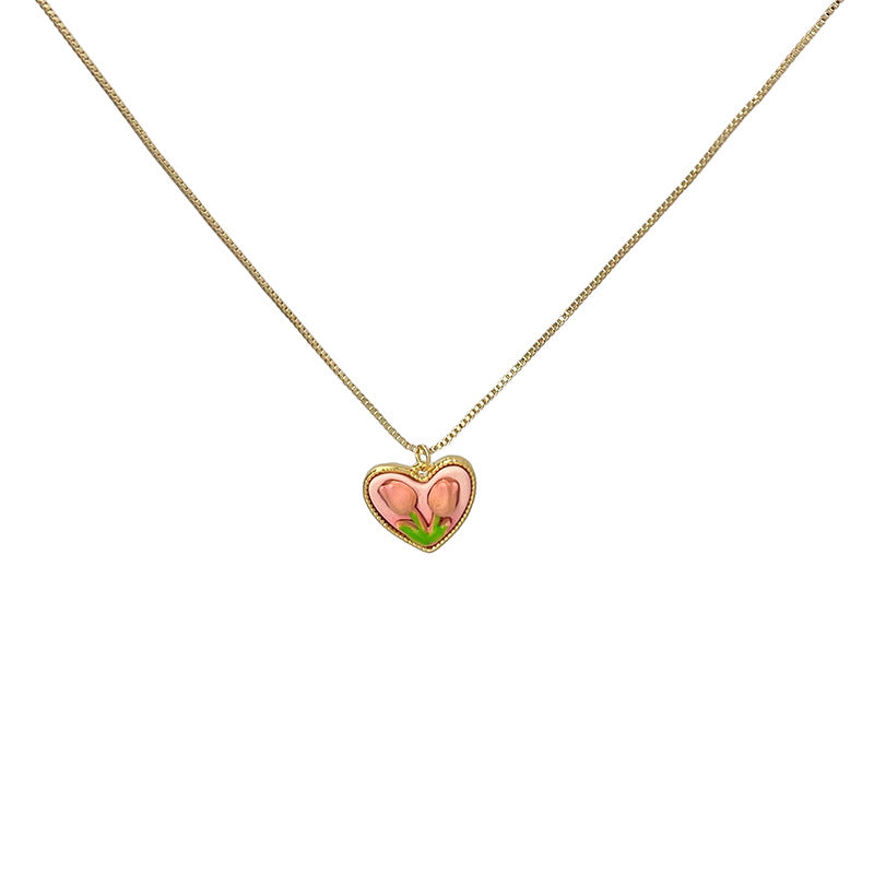 Sweet Minimalist Pink Tulip Heart Titanium Steel Plated Necklace for Women Box Chain