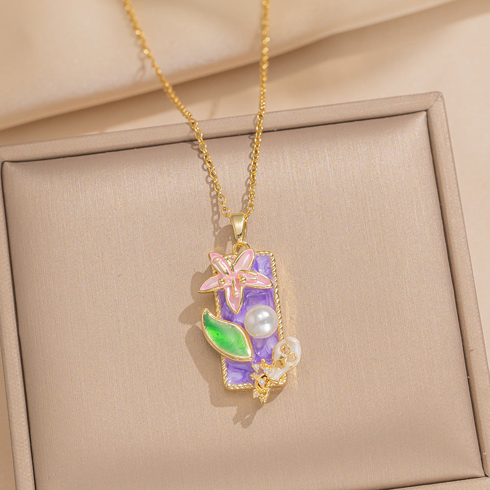 Baroque Style Leaf-Shaped Titanium Steel Necklace with Tulip Floral Motif, Vacuum-Plated for Hypoallergenic Wear, O-Chain Design