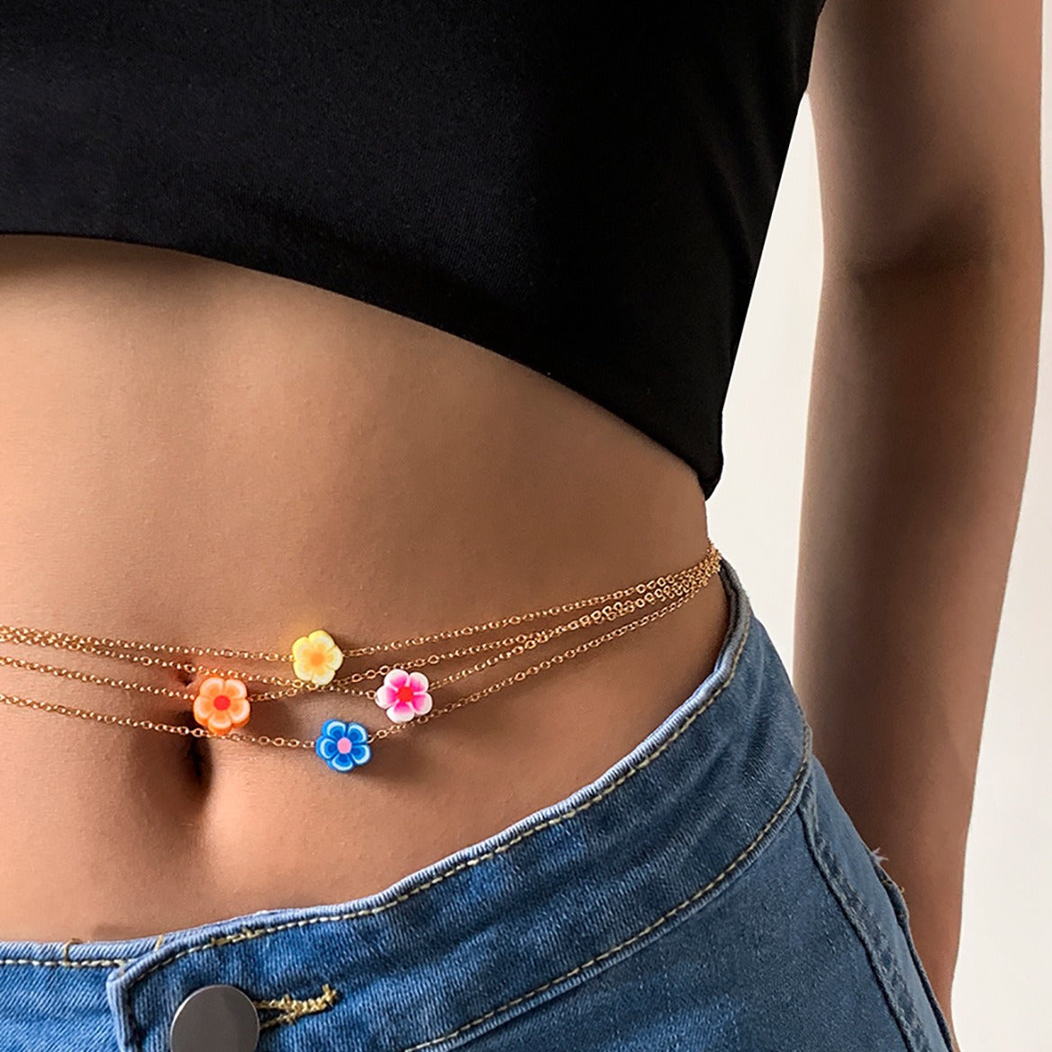 Bohemian Floral Polymer Clay Waist Chain for Women with Delicate Metal Chain and Lobster Clasp