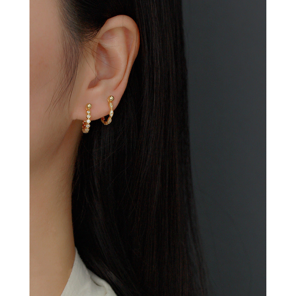Sweet-Edgy Geometric Rhinestone-Inlaid Round Ear Cuffs for Cartilage Piercing in Sterling Silver 925