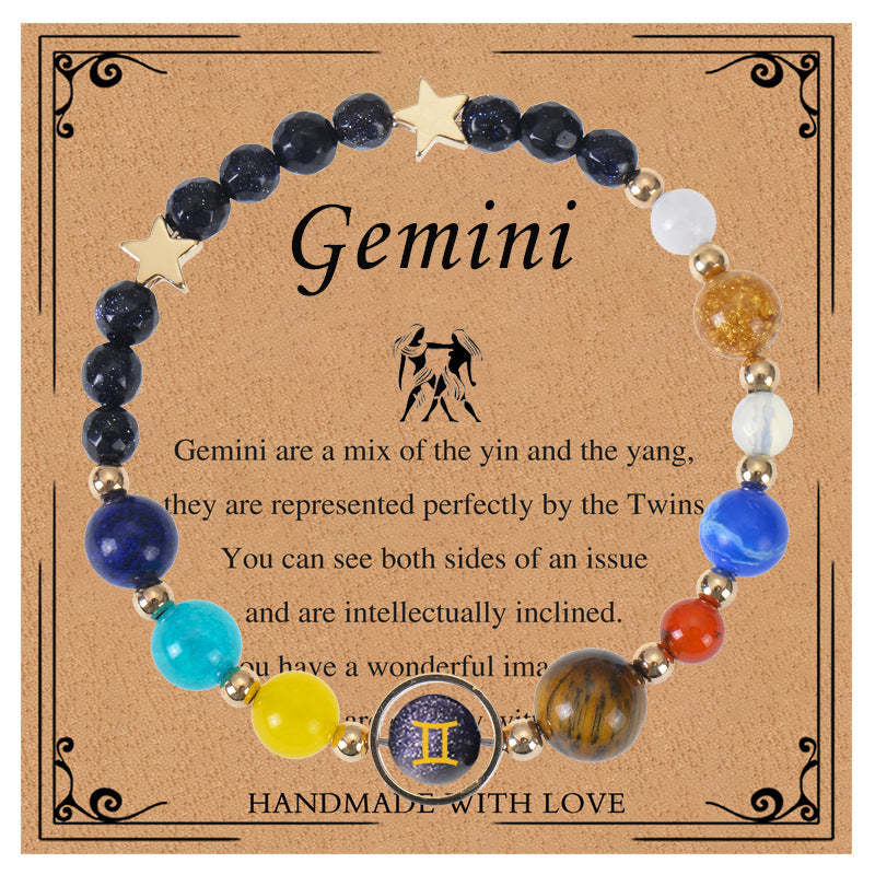 Elegant Geometric Natural Stone Obsidian Crystal Blue Sandstone Bracelet Unisex Zodiac Galaxy Universe Star Beaded Bracelet