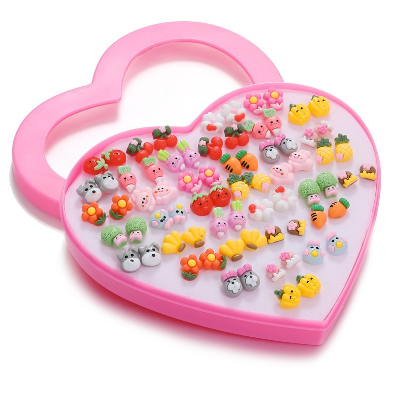 Sweet Cartoon Fruit and Geometric Heart Resin Stud Earrings Set with Stainless Steel Posts for Women