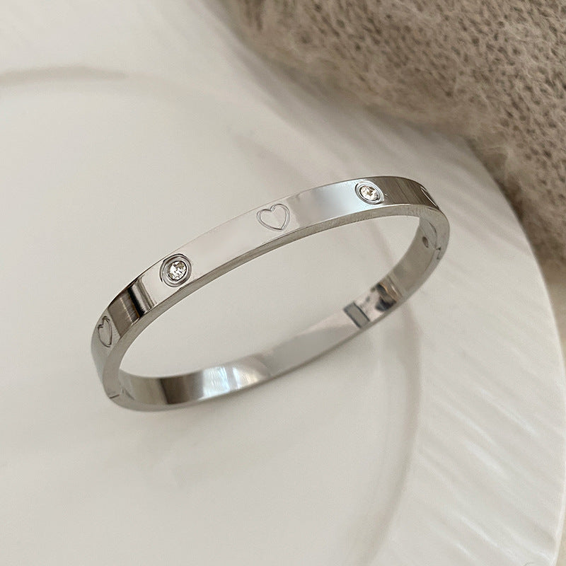 Minimalist Heart Micro-Paved Cubic Zirconia Plated Titanium Steel Bracelet for Women