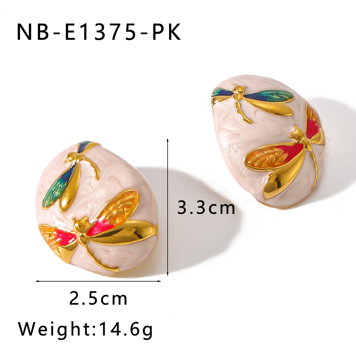 Minimalist Asymmetrical Oval Stainless Steel Earrings with Enamel Dragonfly Pattern and 18K Gold Plating for Women