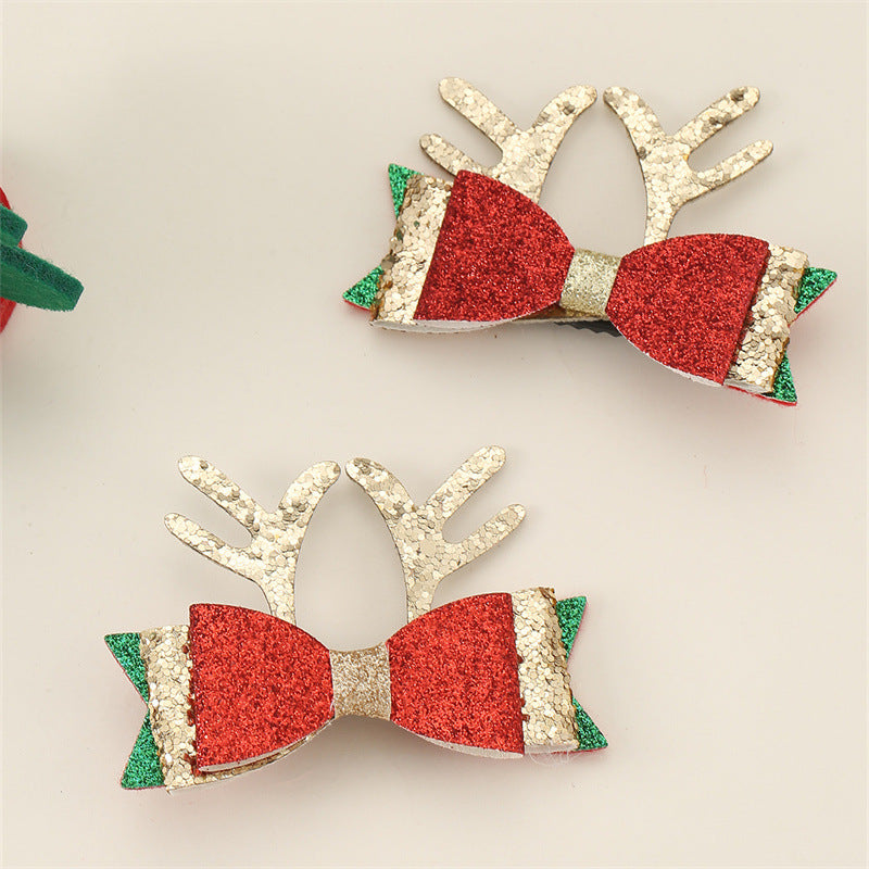 Juego de pinzas de pelo de orejas de ciervo y lazo hechas a mano para niños en piel sintética roja y verde con detalles de purpurina para Navidad