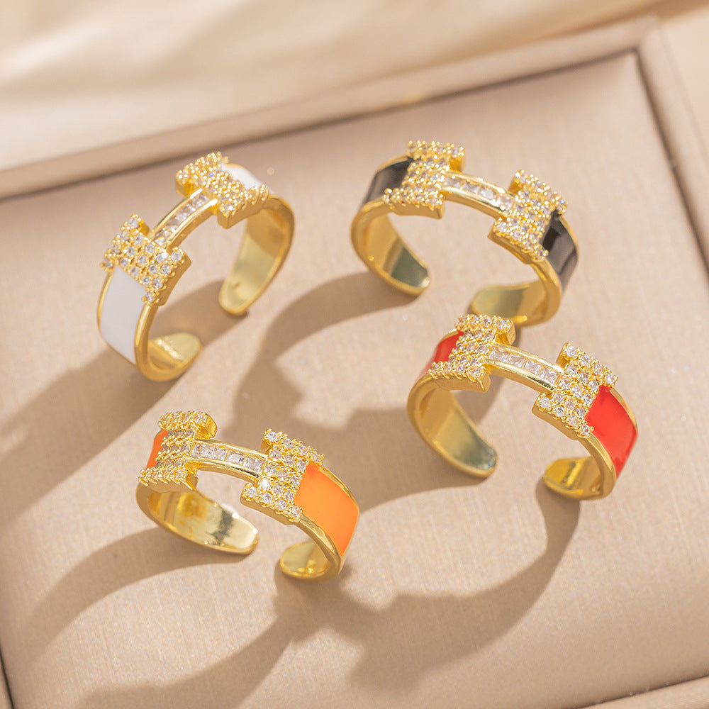 Luxury Minimalist H-Shaped Geometric Titanium Steel Adjustable Ring Set with Micro-Paved Zirconia for Women