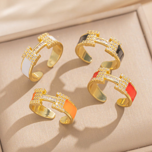 Luxury Minimalist H-Shaped Geometric Titanium Steel Adjustable Ring Set with Micro-Paved Zirconia for Women