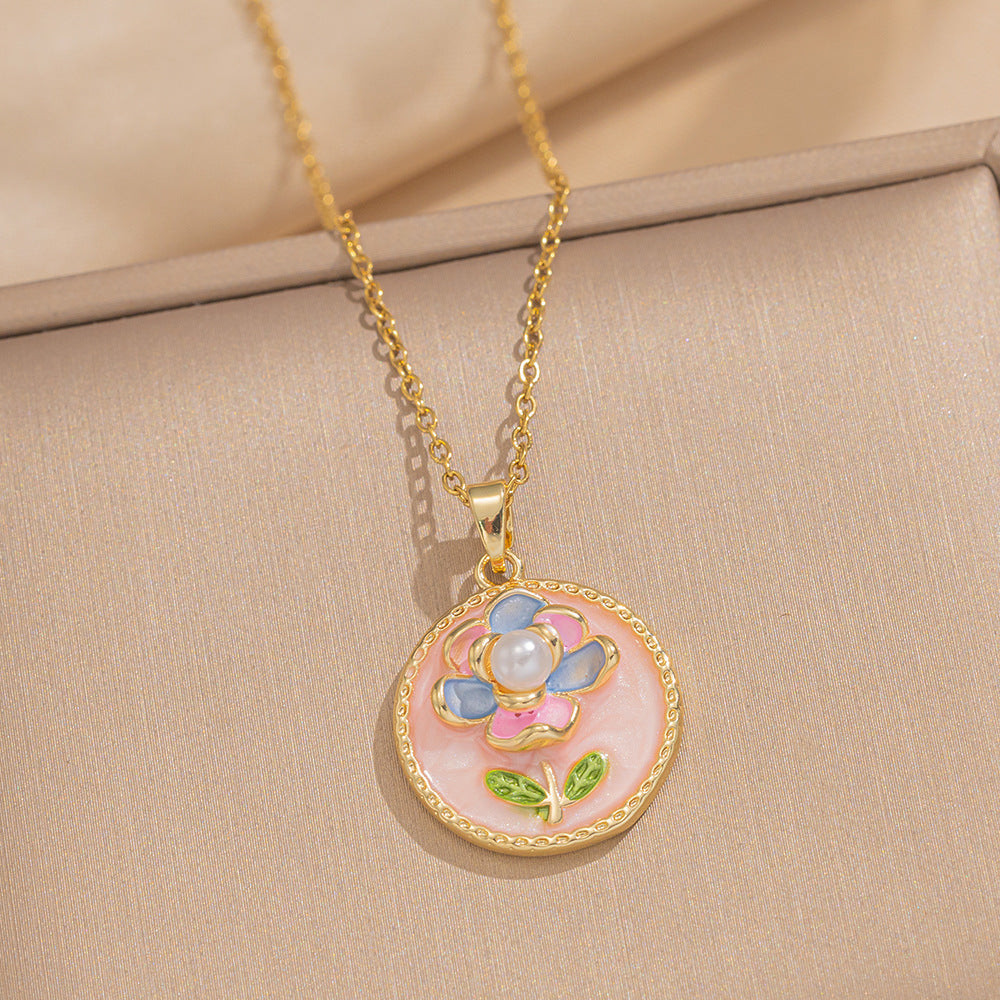 Baroque Style Leaf-Shaped Titanium Steel Necklace with Tulip Floral Motif, Vacuum-Plated for Hypoallergenic Wear, O-Chain Design