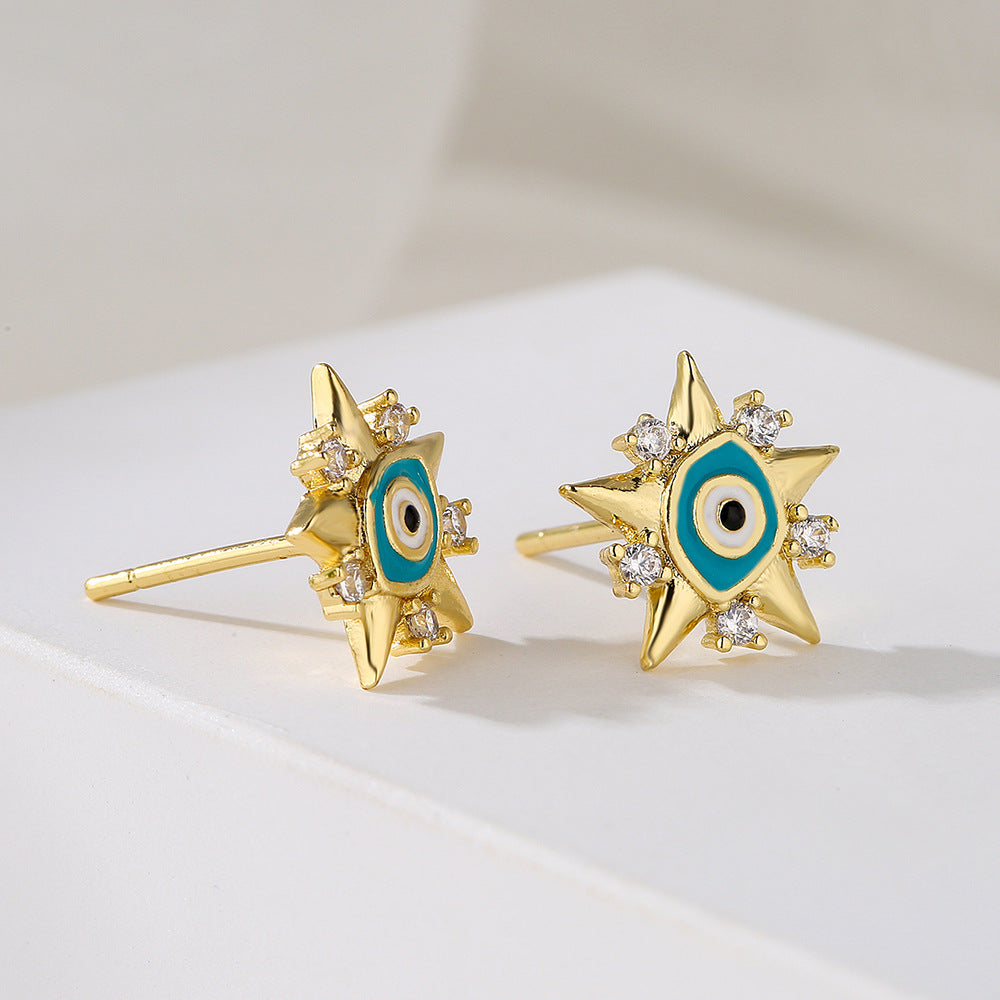 Geometric Earrings for Women with Copper Base Plated in 18K Gold and Enamel-Finished Zirconia Eye Accents