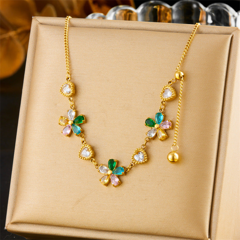 Conjunto de collar y pulsera con colgante de corazón y flor de diamantes de imitación florales vintage en cadena tipo caja chapada en acero inoxidable