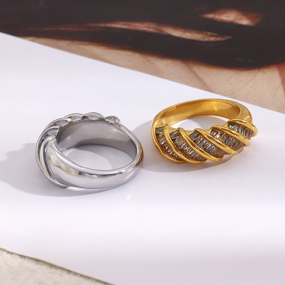 Minimalist Geometric Stainless Steel Ring with 18K Gold Plating and Twisted Rectangular Band for Women