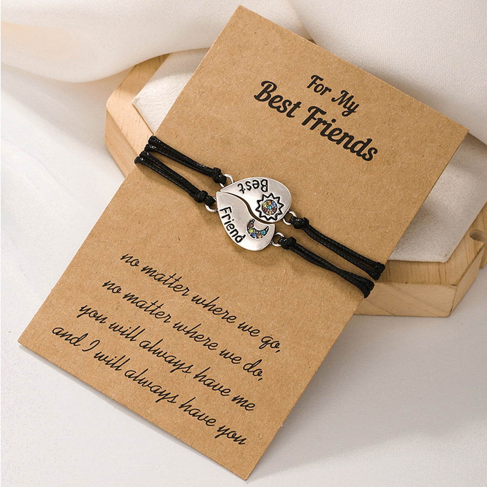 Elegant Heart Moon and Star Rhinestone Inlay Alloy Braided Bracelet Set for Women
