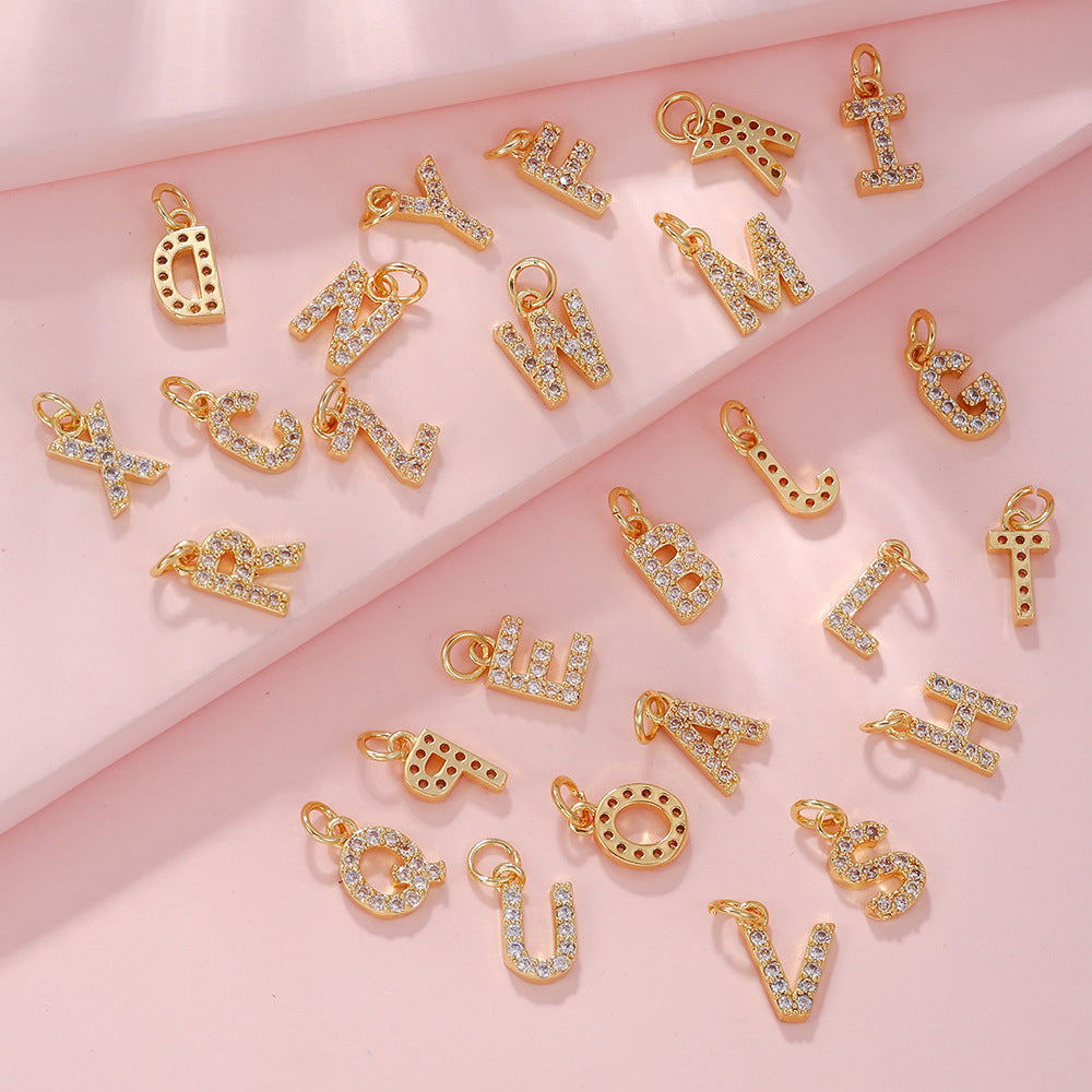 14K Gold Plated Brass Letter Pendant with Cubic Zirconia Charm Bar