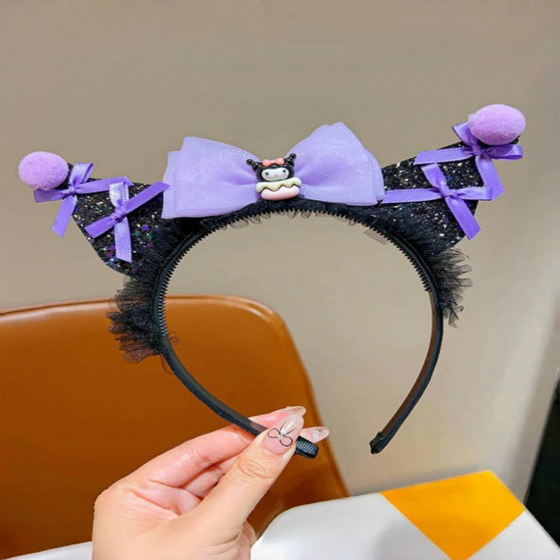 Cute Sanrio Kuromi Hairband for Girls with Bow Design Fabric Headband Sweet Cartoon Hair Accessory for Children Aged 6–10