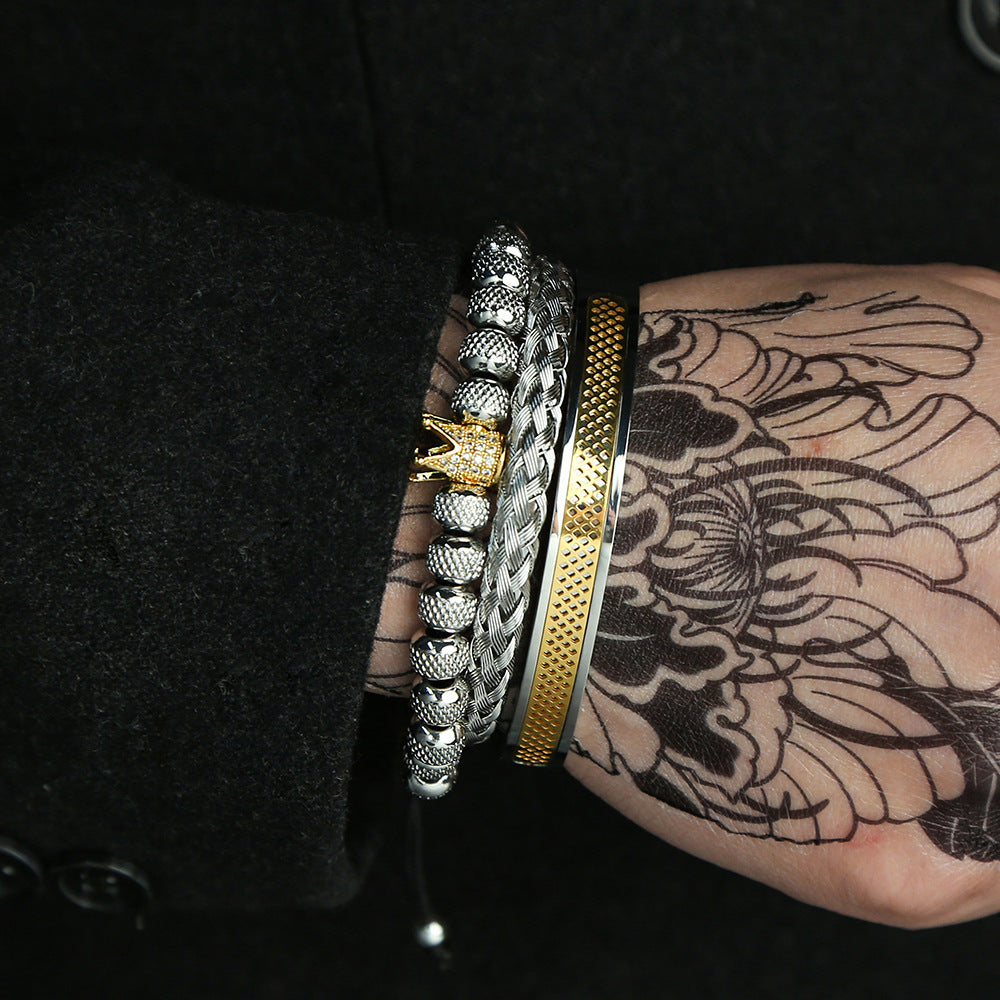 Geometric Crown Copper Inlaid Cubic Zirconia Titanium Steel Stainless Steel Mesh Cuff Bracelet Set