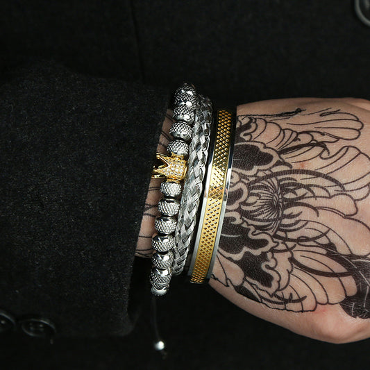 Geometric Crown Copper Inlaid Cubic Zirconia Titanium Steel Stainless Steel Mesh Cuff Bracelet Set