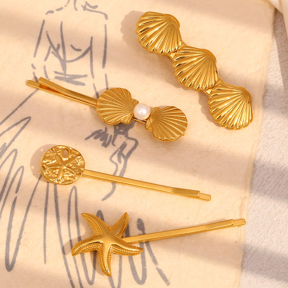 Fashionable Minimalist Starfish and Scallop Hair Clip for Women in Stainless Steel with 18K Gold Plating