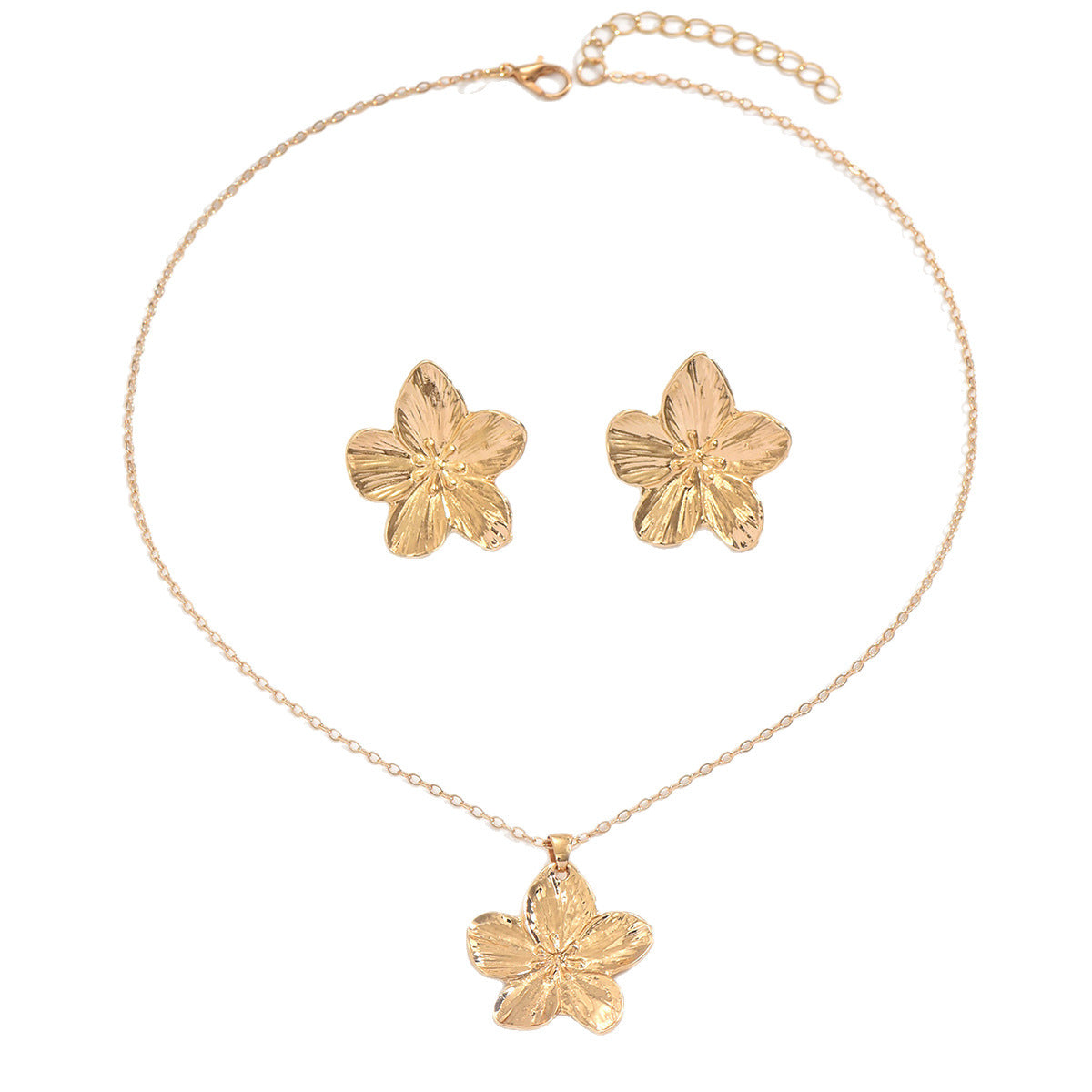 Floral Geometric Electroplated Alloy Earrings and Necklace Set for Women with Fashionable Office-Ready Design