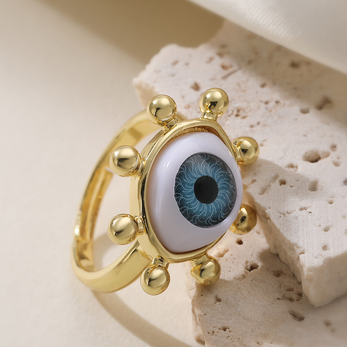 18K Gold Plated Brass Geometric Evil Eye Open Ring for Women