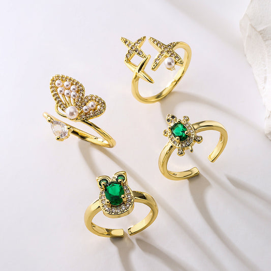 Anillo Abierto de Mariposa y Tortuga Geométrica para Mujer de Cobre con Baño de Oro de 18K e Incrustaciones de Zirconia