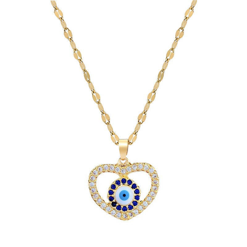 Collar con colgante de ojo en forma de corazón de lujo de acero de titanio para mujer con acabado chapado, delicada cadena de clavícula para bodas y ocasiones formales