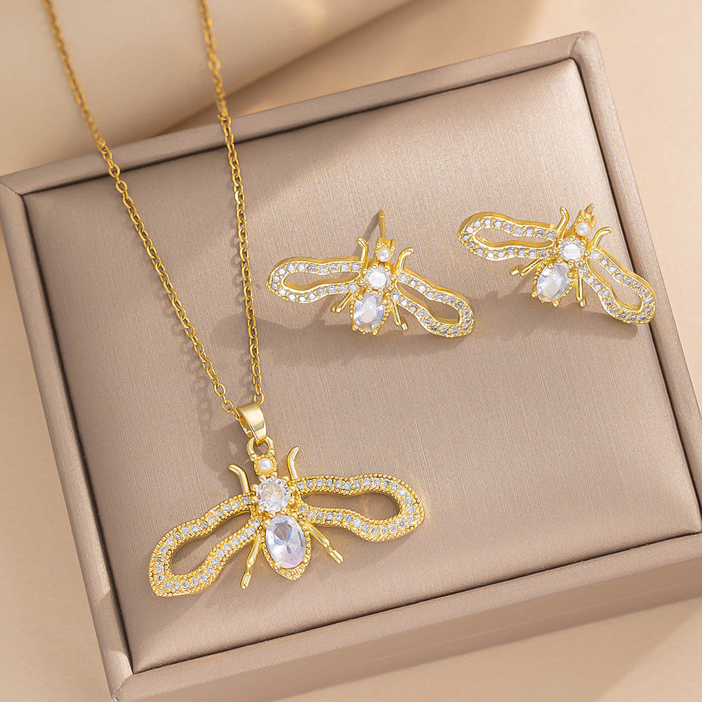 Luxury Style Cartoon Character Pendant Necklace Set with Gold Plated Copper and Micro-Paved Zirconia on O-Chain