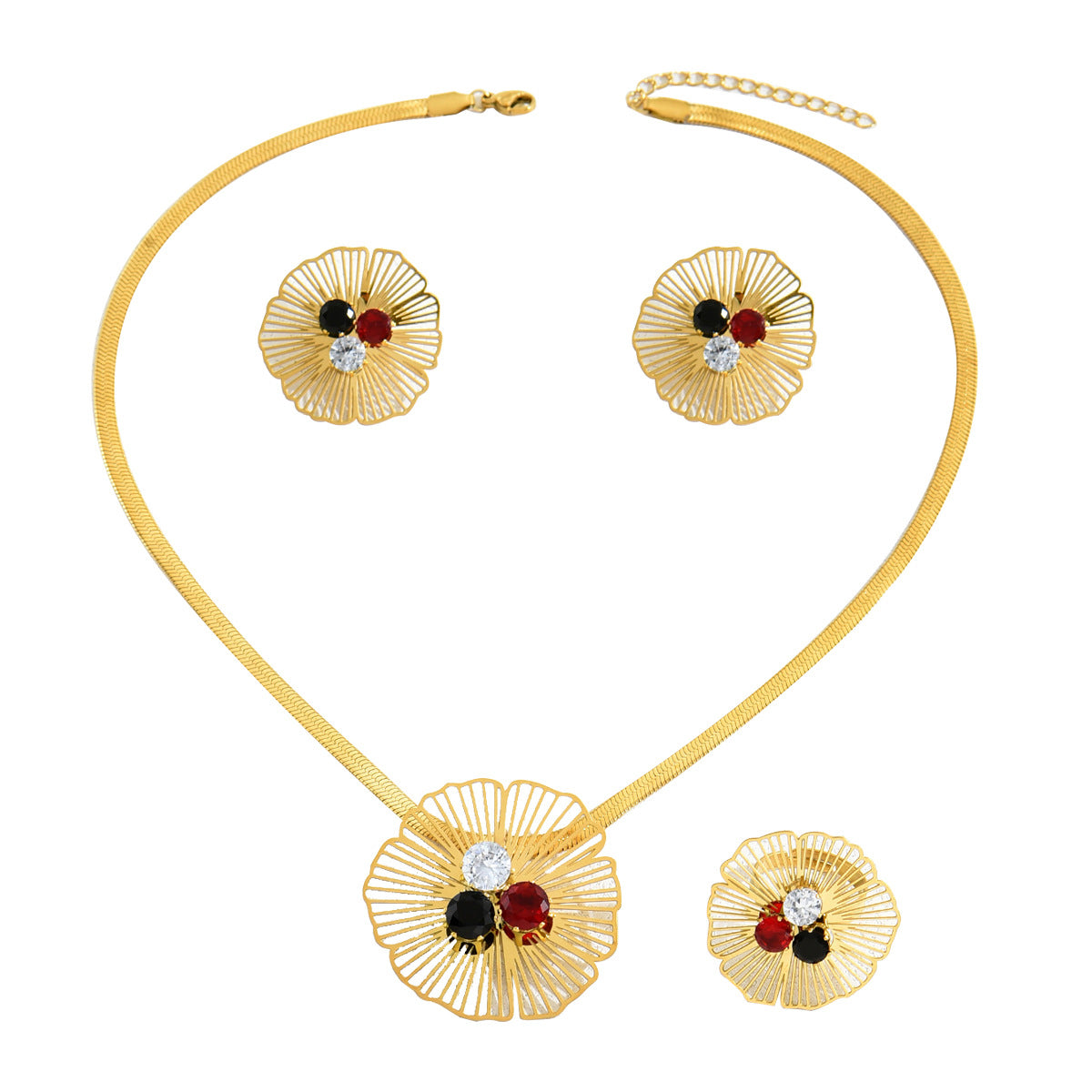 Luxury Floral Pendant Necklace Set with Zircon Inlay Copper Jewelry for Women Including Earrings Necklace and Bracelet