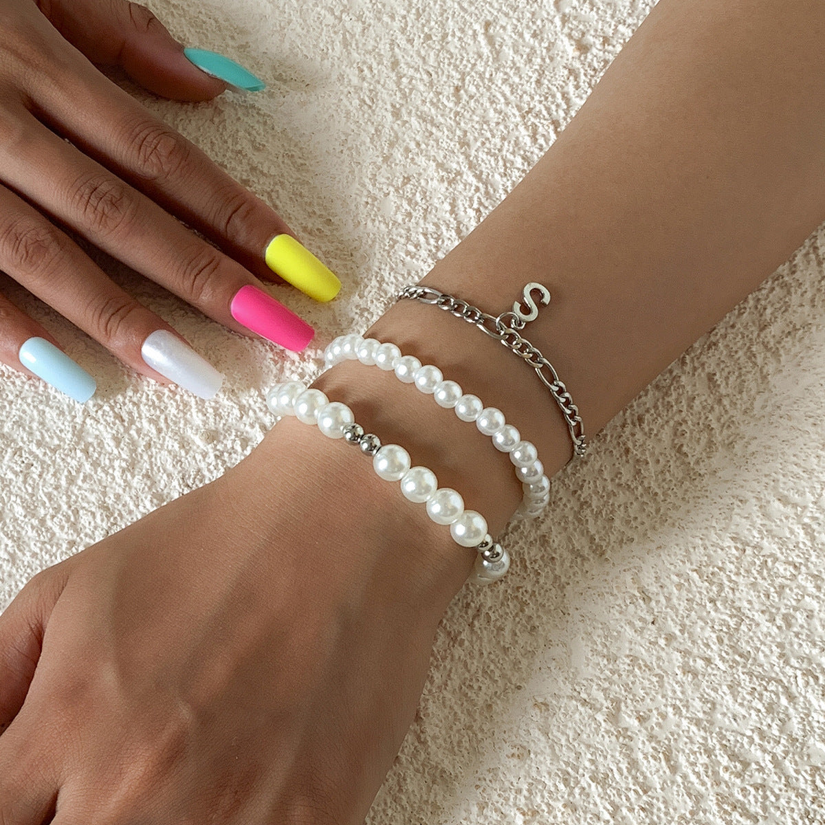 Bohemian Vintage Geometric Letter Faux Pearl Woven Bracelet for Women