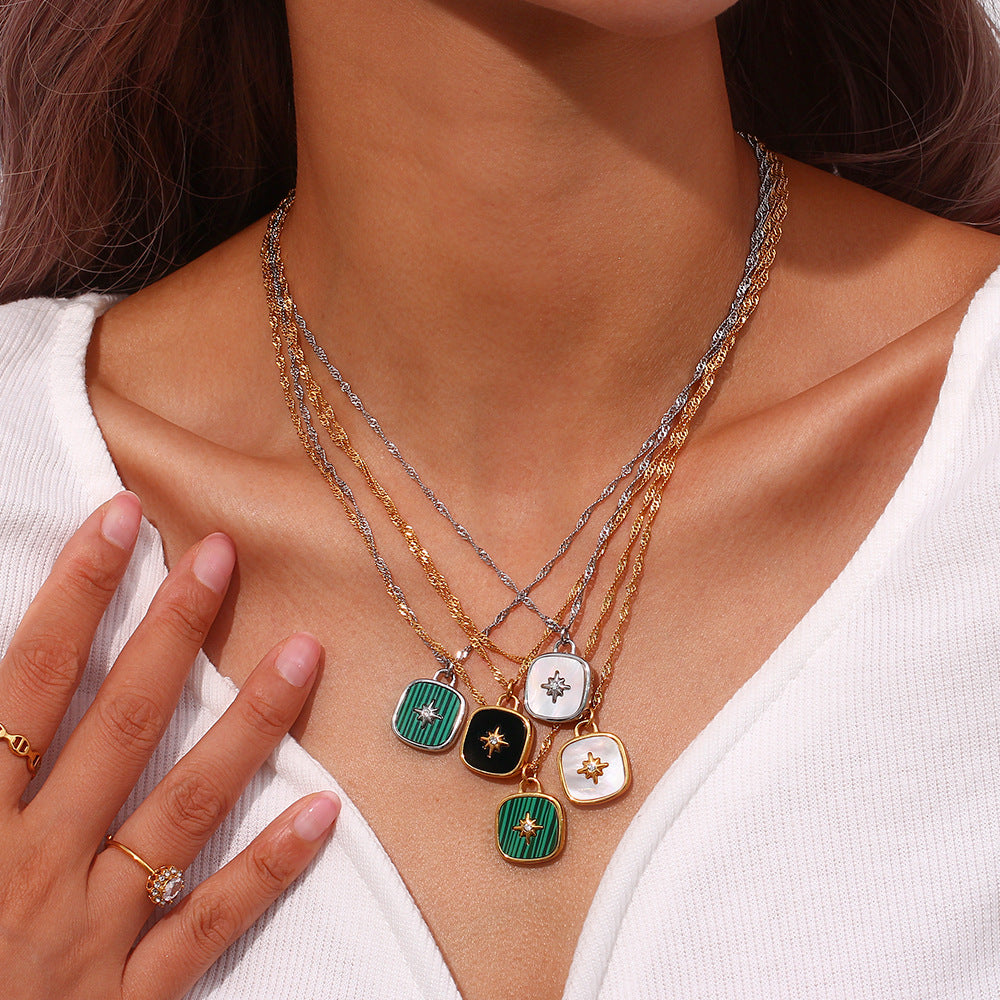 Minimalist Fashion Stainless Steel Octagram Shell Square Pendant Necklace for Women