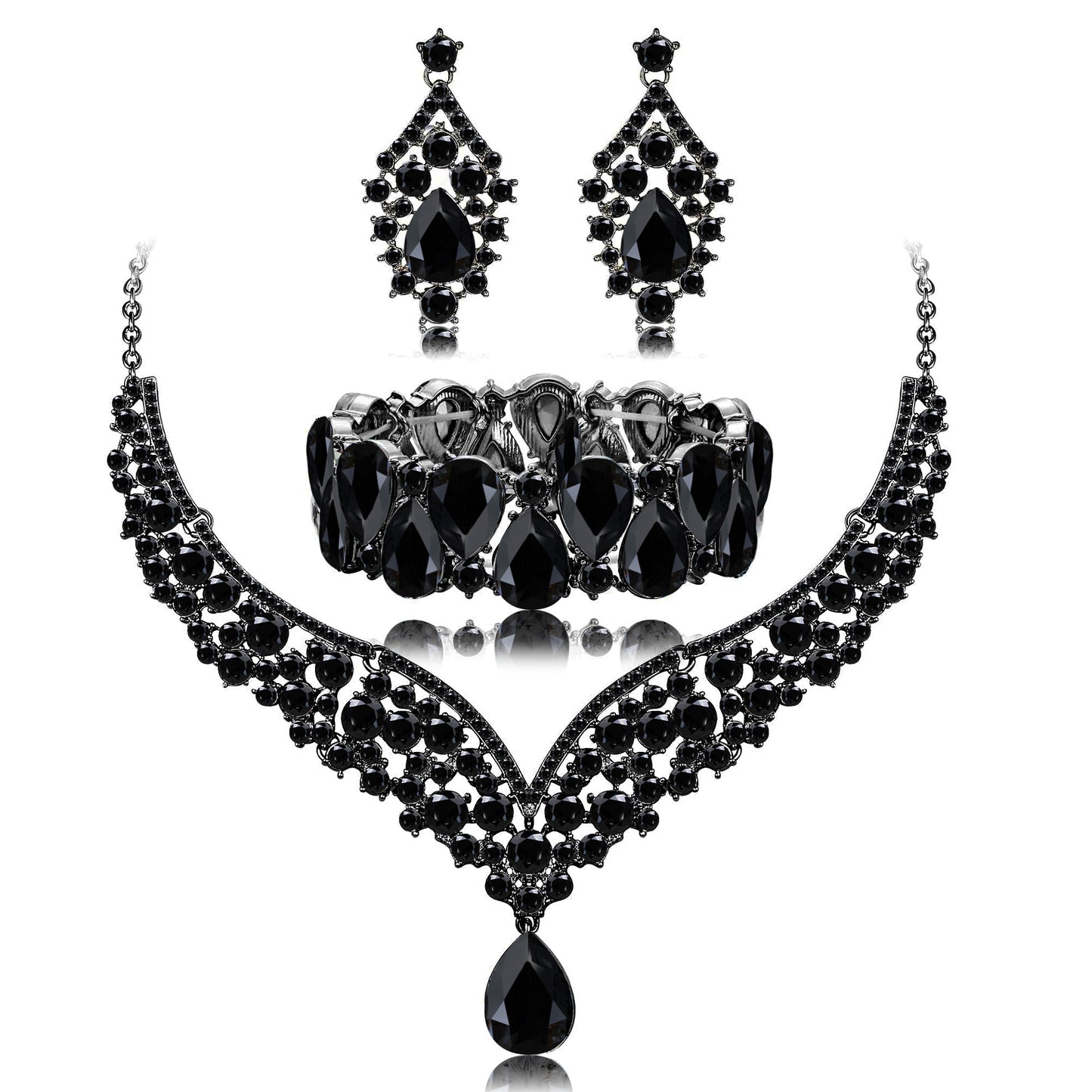 Elegant Heart and Teardrop Shaped Rhinestone Pendant Necklace Set with Electroplated O-Chain, Earrings and Bracelet for Women