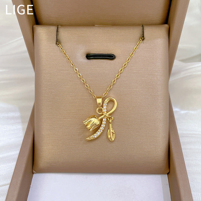 Minimalist Geometric Bell Orchid Necklace for Women and Men Stainless Steel Chain with Copper Pendant and Rhinestone Accents