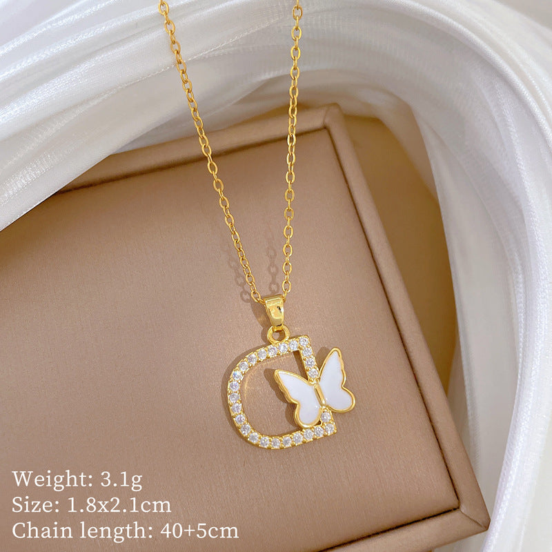 Sweet Minimalist Butterfly Geometric Rhinestone Pendant Titanium Steel Necklace for Women and Men