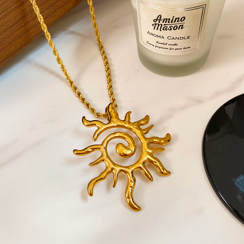 Vintage Hollow Sun Totem Titanium Steel Necklace with Rope Chain
