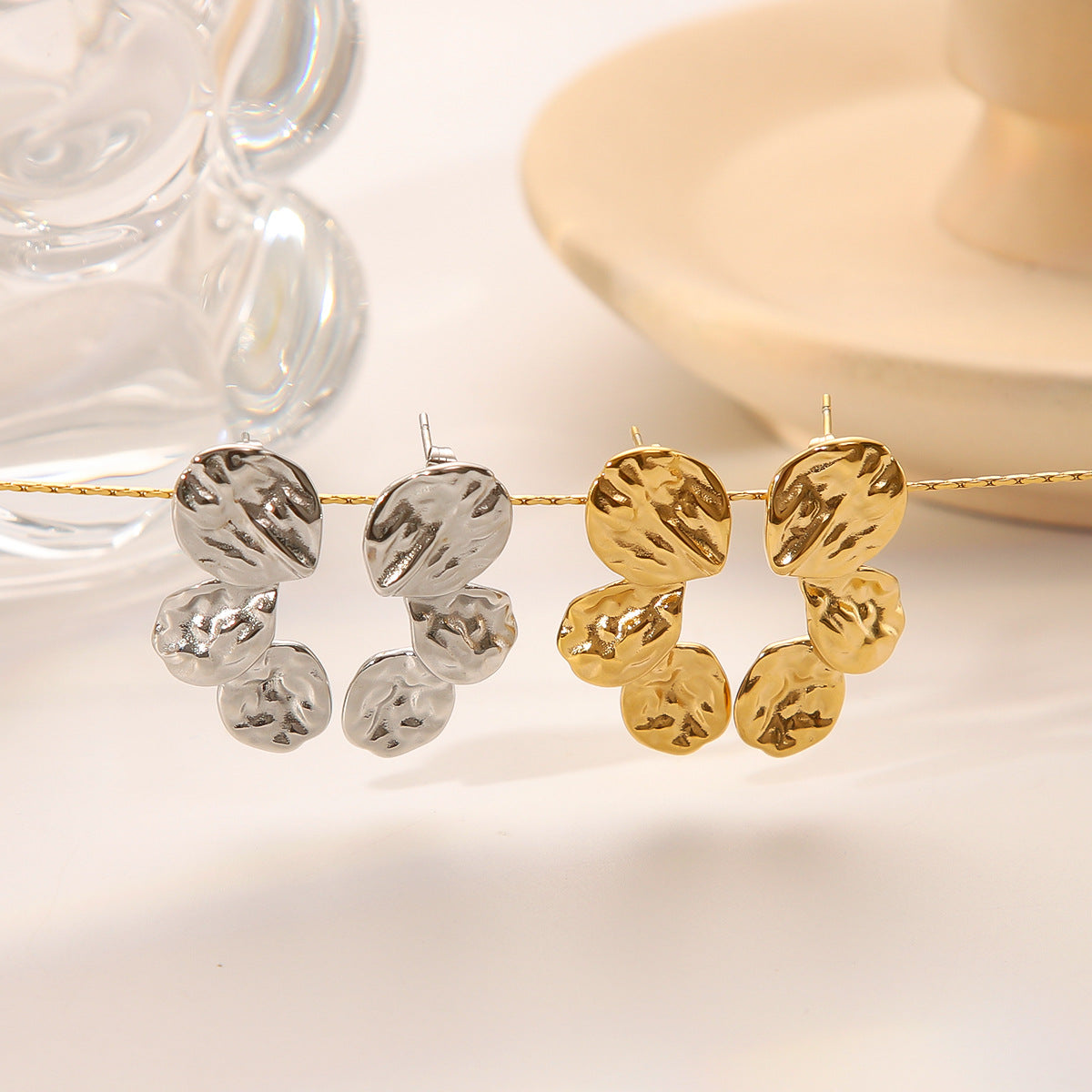 Minimalist Geometric Stainless Steel Earrings with Textured Pleated Design for Women