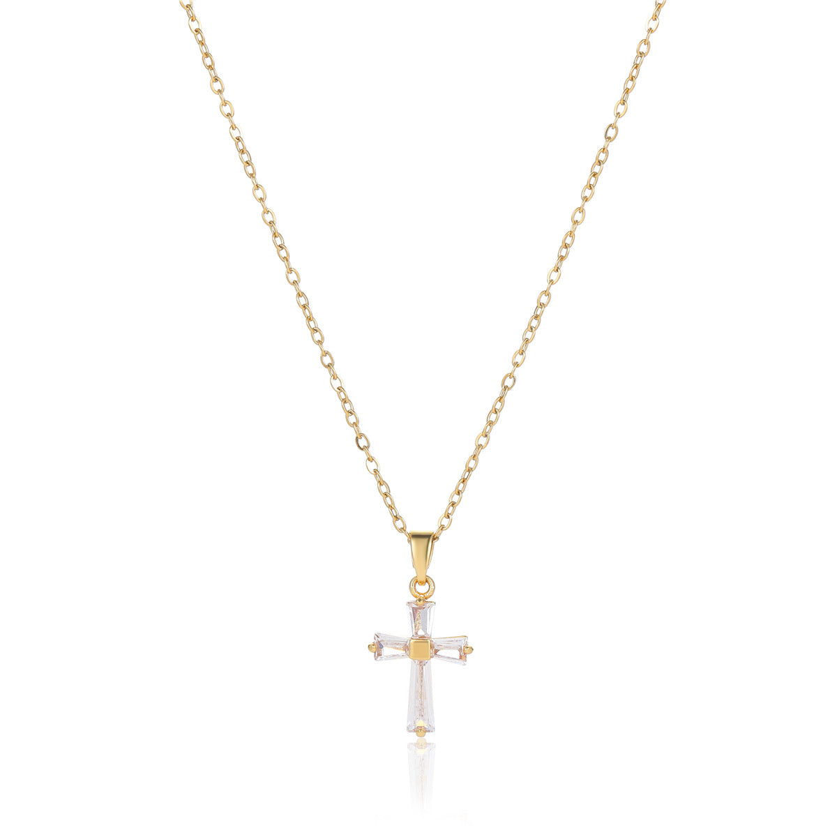 Collar con colgante de cruz geométrica minimalista para mujer en acero inoxidable con baño de oro de 18 quilates e incrustaciones de circonitas blancas