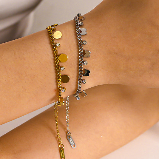 Bracciale minimalista tondo geometrico da donna in acciaio al titanio, stile francese, con intarsio in strass e finitura lucida